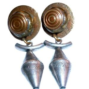 MB SF Marjorie Baer Vtg Brutalist Mixed Metal Drop Earrings Brass Pewter Tone